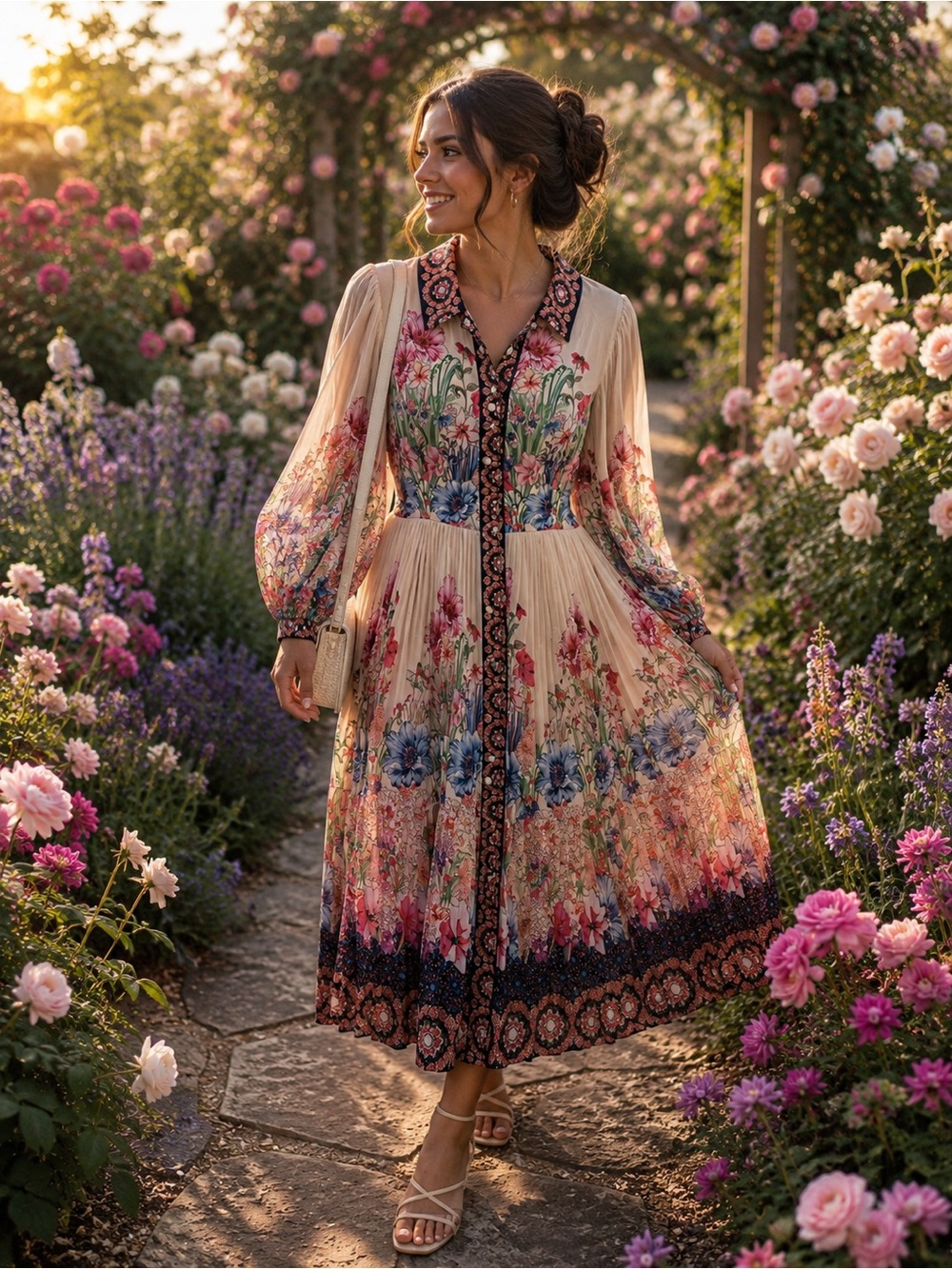 Boho Floral Pleated Midi Dress in Blush Pink - Picture 2 of 11
